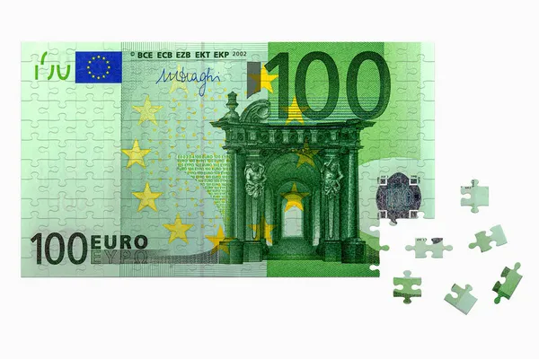 100 Eurobankjegy Kirakós Fehér Alapon Elszigetelt — Stock Fotó