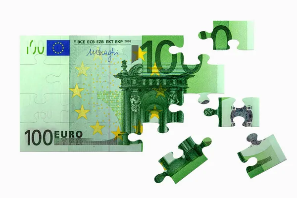 百ユーロ紙幣ジグソーパズル白い背景に隔離された — ストック写真