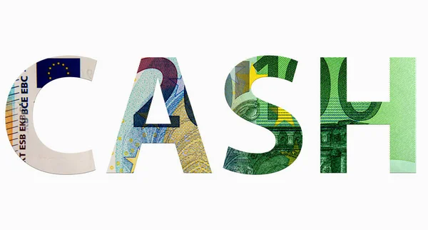 Avro banknotlarından gelen kelime nakit beyaz arka plan ve para dokusuna izole edilmiş