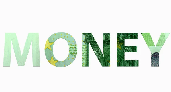 Слово Money Банкнот Евро Изолированы Белом Фоне Текстура Денег — стоковое фото