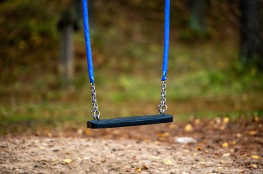 Çocukların yakın plan çekimleri oyun alanında zincire vurulmuş, sonbahar arkaplanı bulanık.