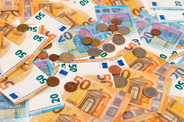 Pièces Sur Fond Billets Euros Billet Euros Dans Cadre Système — Photo