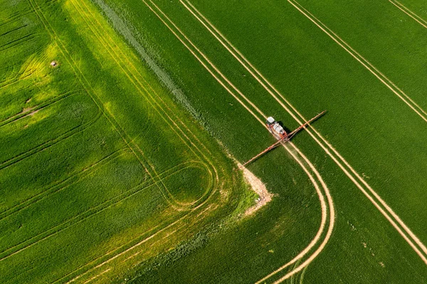 Top View Tractor Spraying Chemicals Large Green Field — Stock Photo, Image