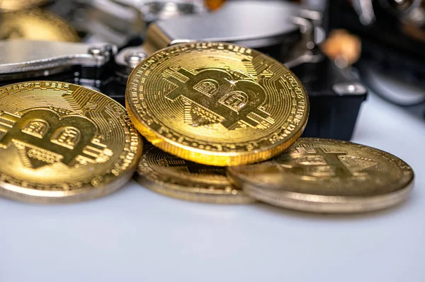 Bitcoin Btc Disco Rígido Aberto Conceito Negócio Criptomoeda Close — Fotografia de Stock