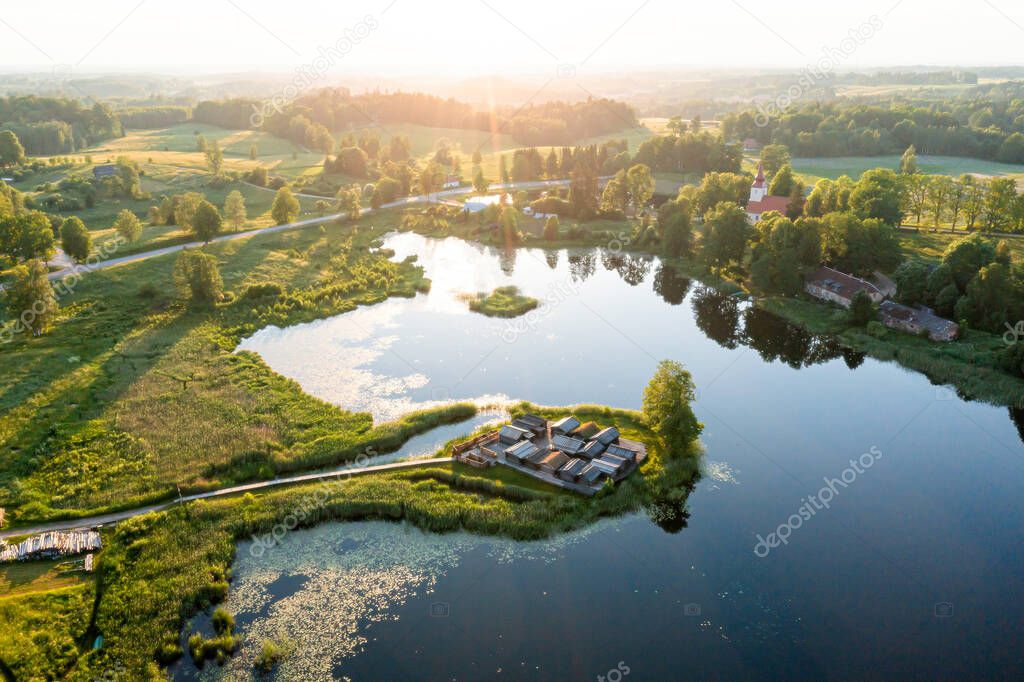 Latvia. Gauja National Park. The main object in Araishi (Araisi) Archaeological Park is the reconstruction of the Viking Age ancient Latgallian fortress in the original place - on a small lake island.