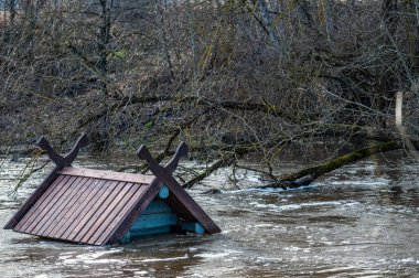 Bahar sellerinde taşan bir kuş evinin çatısına. Letonya, Dobele 'deki Berze Nehri' nde bir besleyici.