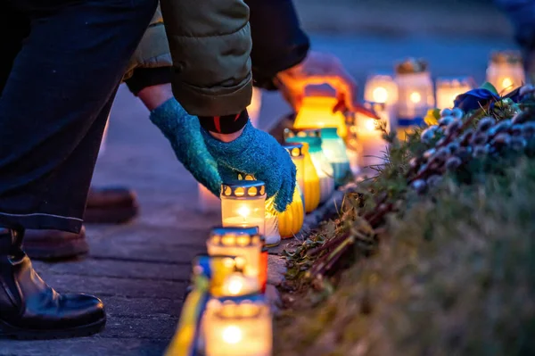 Свічки Вулицях Заради Миру Україні Символізують Припинення Війни Стань Україною — стокове фото
