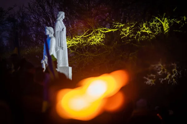 UKRAINE ile birlikte, Ukrayna 'daki savaşı protesto etmek ve desteklemek için Dobele Özgürlük Anıtı' nda durun.