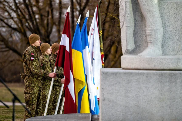 Dobele Lettonie Mars 2022 Stand Ukraine Rallye Dobele Liberation Monument — Photo