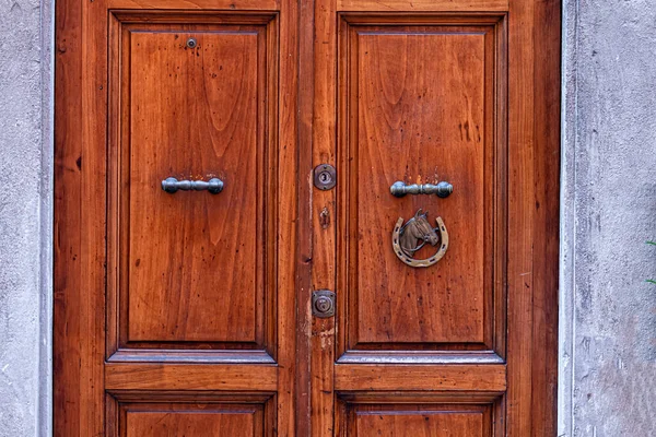 Fragment Porte Bois Brun Rouge Avec Poignées Porte Métal Tête — Photo