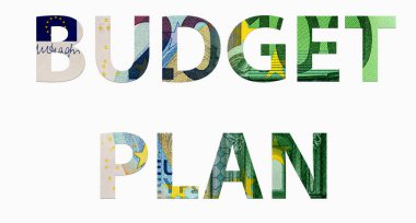 Avro banknotlarından alınan bütçe planları beyaz arkaplan ve para dokusuna izole edildi