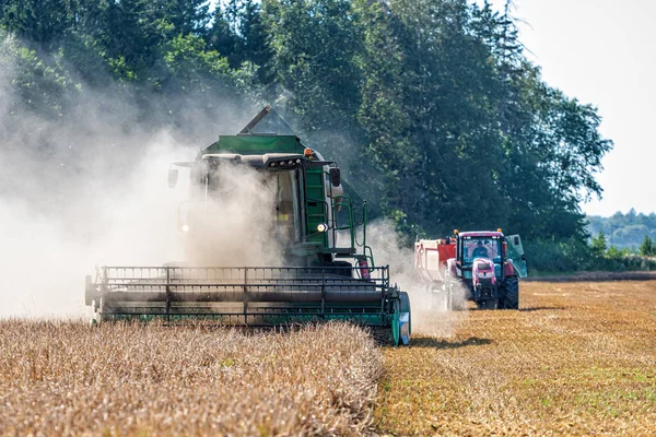 Jaunauce Latvia August 2020 Combine Harvester Cloud Dust Sowing Rye — стоковое фото