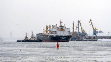 Riga, Letonya - 9 Şubat 2021: Birden fazla römorkör limandan çıkmak için kargo gemisine yardım ediyor.
