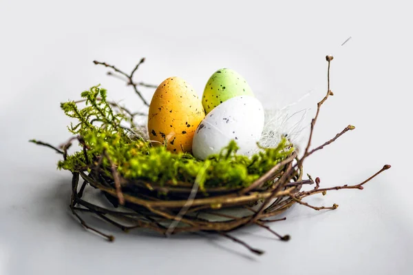 Nest Colored Easter Eggs Isolated Light Defocused Background Easter Decorations — ストック写真