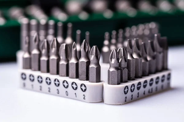 Interchangeable Screwdriver Bit Set Isolated White Selective Focus Dof Close —  Fotos de Stock