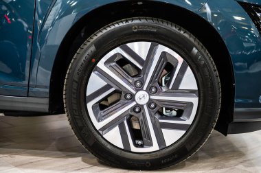 Riga, Latvia, April 29, 2022: Close-up of Hyundai  wheel, decorative new design alloy wheels
