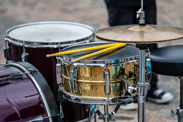 Set Plates Drum Set Concert Percussion Music Selective Focus Close — Foto Stock