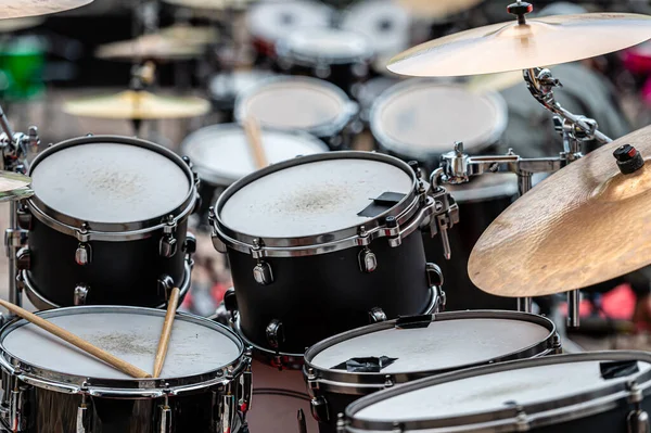 Set Plates Drum Set Concert Percussion Music Selective Focus Close — Foto Stock