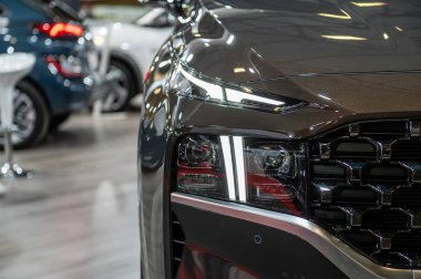 Riga, Letonya, 29 Nisan 2022: LED far ve araba tasarımı Nev Hyundai Santa Fe kavşağı, model 2022