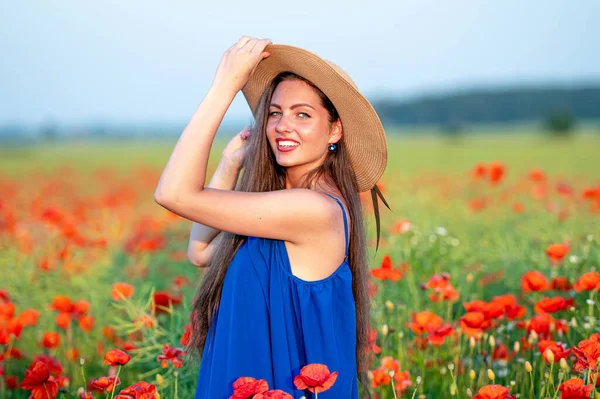 Ritratto Elegante Giovane Donna Con Capelli Lunghi Cappello Paglia Campo — Foto Stock