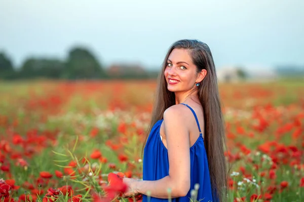 Retrato Mujer Joven Elegante Con Pelo Largo Campo Amapola Luz —  Fotos de Stock