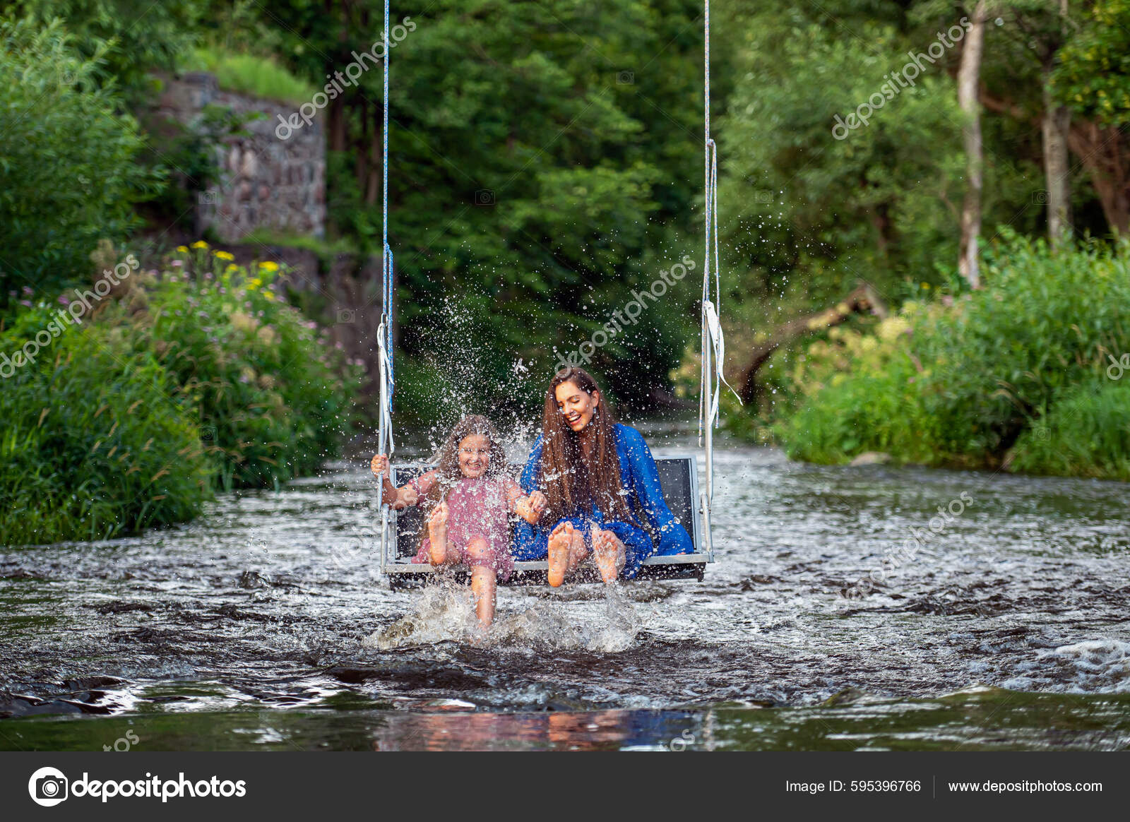 Laughing Woman Young Girl Swing Fast Flowing River Splashing Water — Stock  Photo © askoldsb #595396766