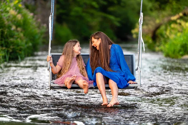 Laughing Woman Young Girl Swing Fast Flowing River Splashing Water — 스톡 사진