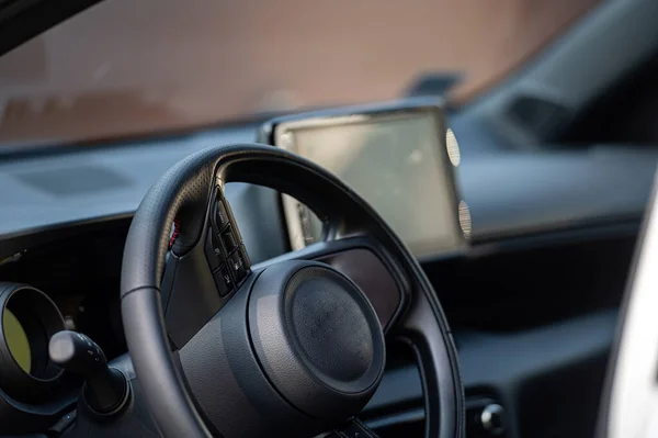 Interior View Car Modern Steering Wheel Dashboard Selective Focus Shallow — Φωτογραφία Αρχείου