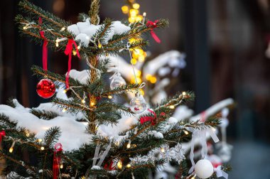 Noel ağacında Noel oyuncakları. Dalda kar. Kışın sokak dekorasyonu.