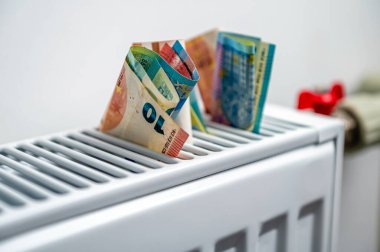 Merkezi ısıtma radyatöründe euro banknotları, pahalı ısıtma maliyetleri kavramı, yakın çekim