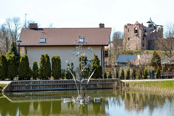 Privathaus Mit Teich Und Brunnen Auf Dem Hintergrund Einer Alten — Stockfoto