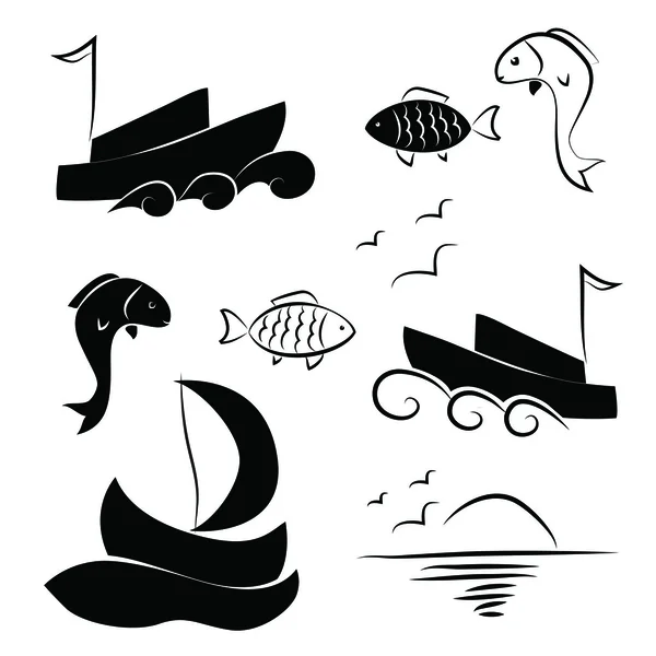 Silhouette of boats and fish — Stock Vector