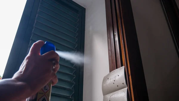 Hand Spraying Using Mosquito Insecticide Spray Kill Flies Mosquitoes Clearly — Fotografia de Stock