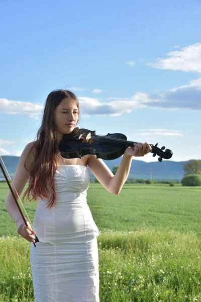 Girl White Dress Black Violin — Stock Photo, Image