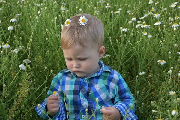 Das Kind Sitzt Gras — Stockfoto