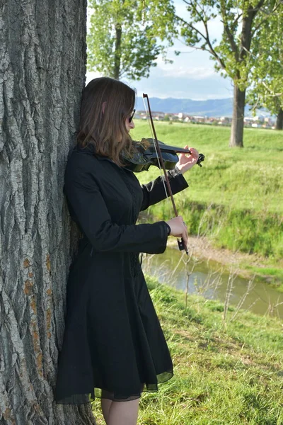 Девушка Черном Платье Черной Скрипкой — стоковое фото