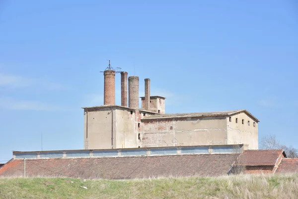 Old Abandoned Factory Blue Sky Background — Fotografia de Stock