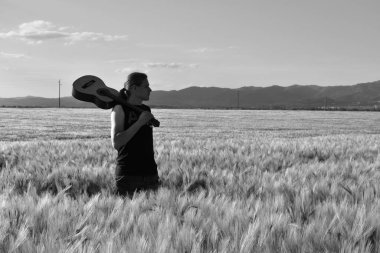 Yeşil buğday tarlası ve gitarlı bir adam.,