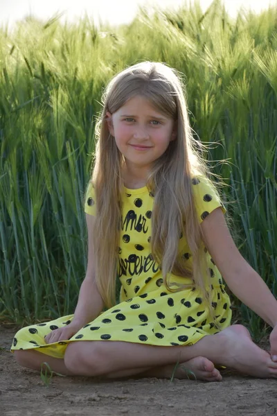 Green Wheat Field Blonde Girl — Stock Photo, Image