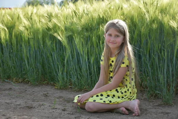 Groen Tarweveld Blond Meisje — Stockfoto