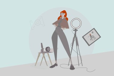 Ressam kız, kamera ve tripod.,