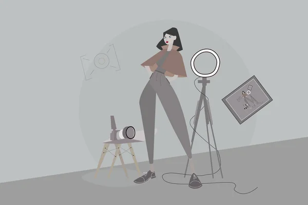 Illustration Girl Camera Tripod — Foto de Stock