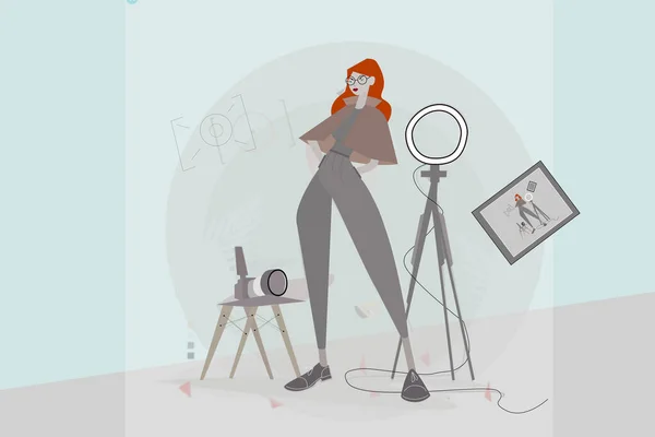 Illustration Girl Camera Tripod — Vector de stock