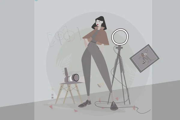 Illustration Girl Camera Tripod — Vector de stock