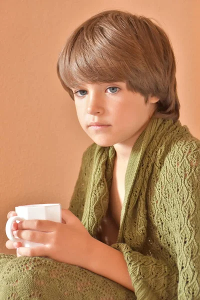Portrait Young Boy Cup Tea — kuvapankkivalokuva