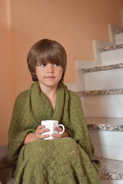 Portrait Young Boy Cup Tea — Stockfoto