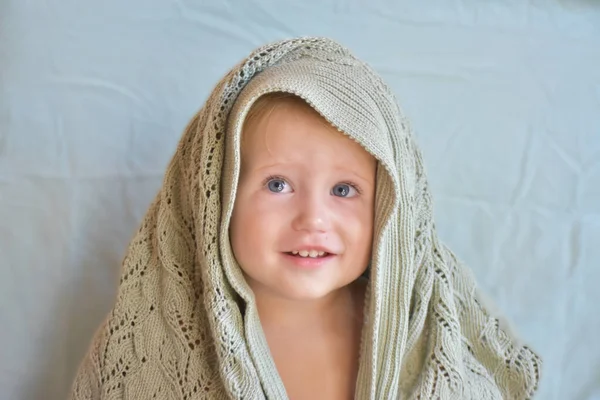 Cute Toddler Boy Covered Green Knit Blanket Shower —  Fotos de Stock