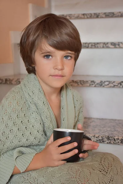 Portrait Young Boy Cup Tea — Stockfoto