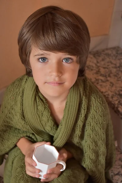 Portrait Young Boy Cup Tea — Stock Photo, Image