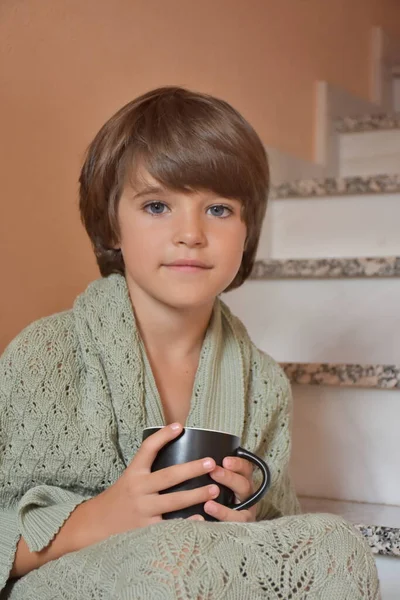 Portrait Young Boy Cup Tea — Φωτογραφία Αρχείου